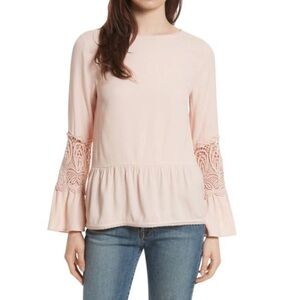 JOIE Pink Emelda Bell Sleeve Lace Peplum Blouse